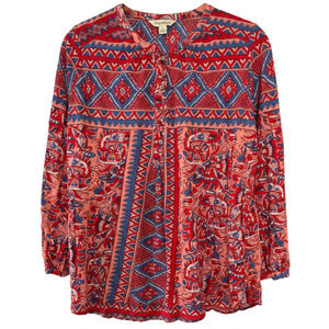 Women's Henley Tunic Lucky Brand 3/4 Sleeve Red Blue Print Boho Peasant Medium